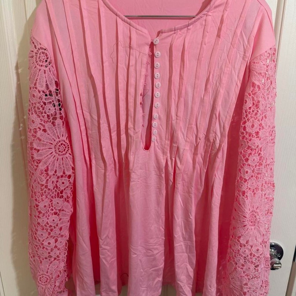 Temu Pink Lace Long Sleeve Blouse Pintuck Button Front Romantic Top 5XL
